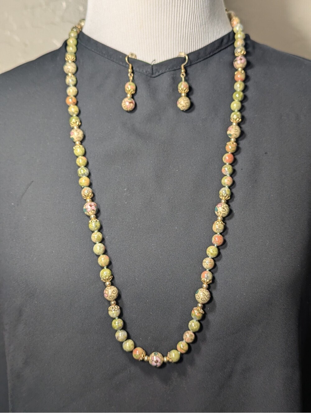Vintage Cloisonne Enamel Floral & Unakite Gemstone Bead Necklace Earrings Set